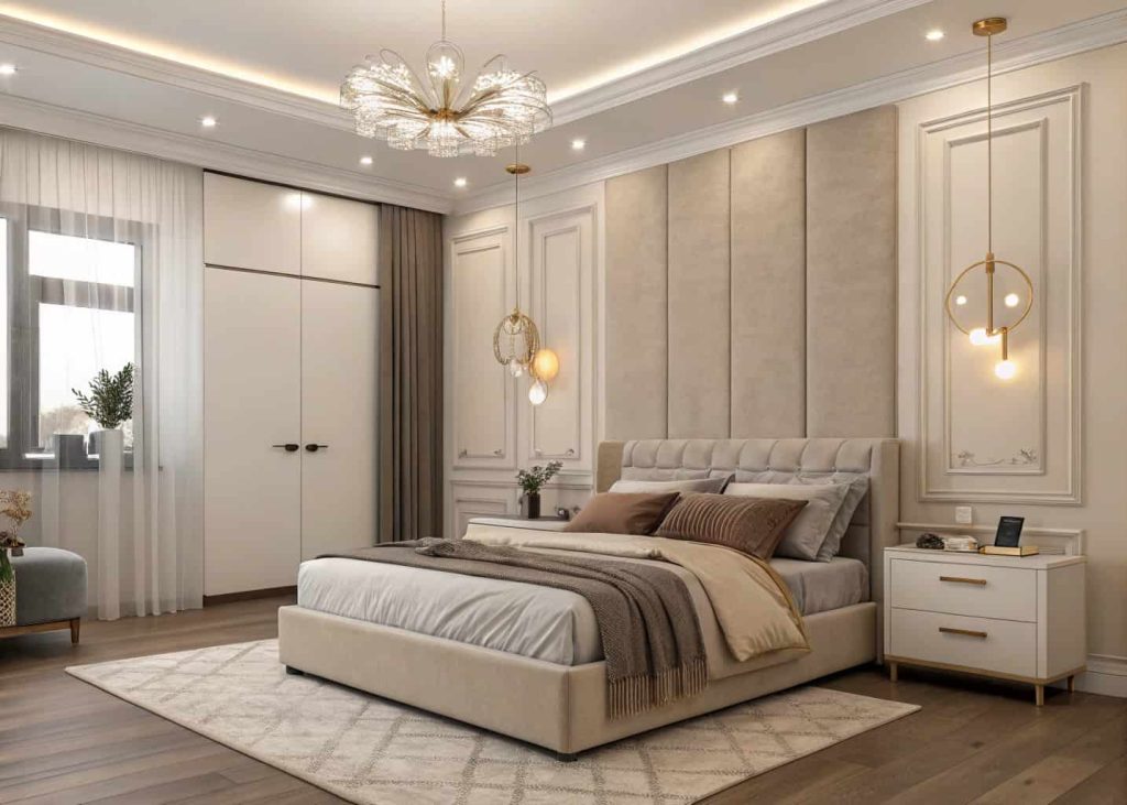 Modern bedroom, minimalist furniture, neutral colors, cozy bedding, stylish lighting, relaxing interior"