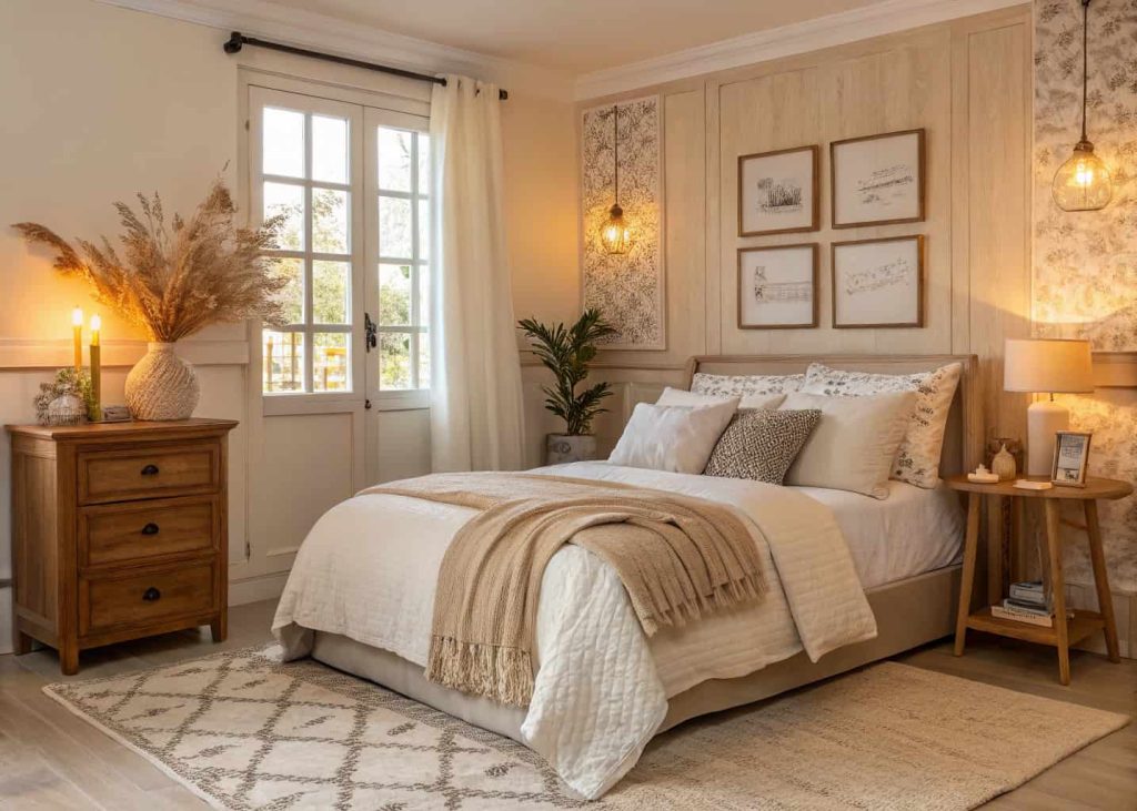A cozy bedroom with warm beige and cream walls, soft ivory bedding, layered neutral throw pillows, warm ambient lighting, wooden nightstand, natural textures, dreamy soft aesthetic, interior photography style.