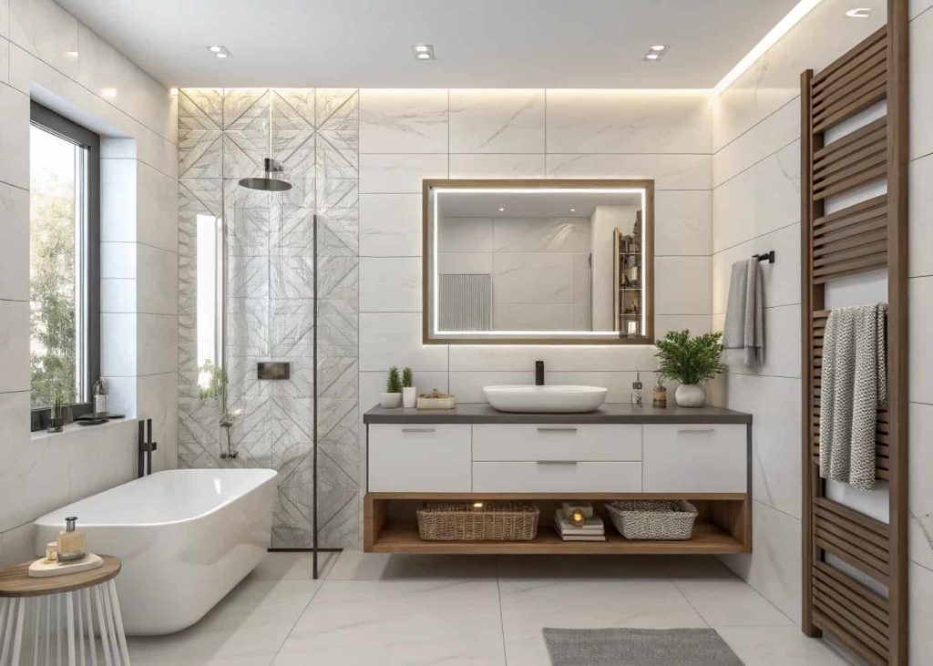 Modern bathroom, floating vanity, frameless mirror, clean tiles, stylish fixtures, spa-like interior"