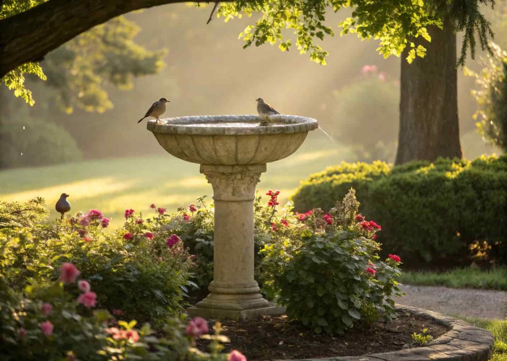 A classic stone bird bath surrounded by flowers and green shrubs, sunlight filtering through trees, small birds drinking water.