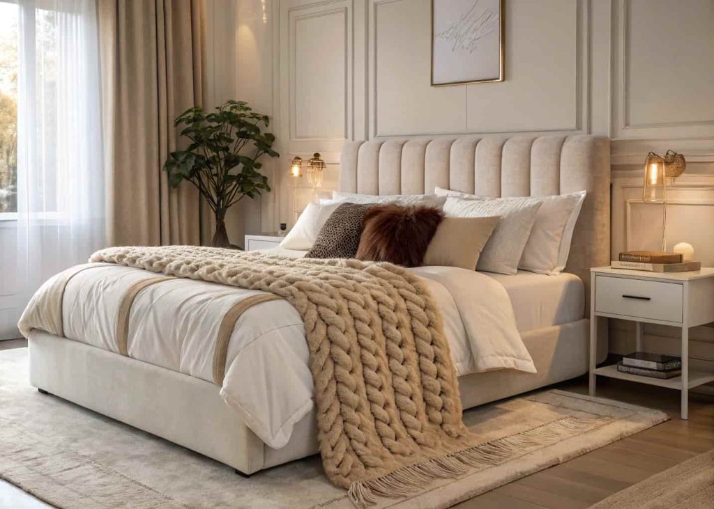 A plush bedroom bed with layered white and cream bedding, fluffy euro pillows, chunky knit throw blanket, velvet accent pillow, soft morning light, cozy aesthetic, styled bedroom photography.