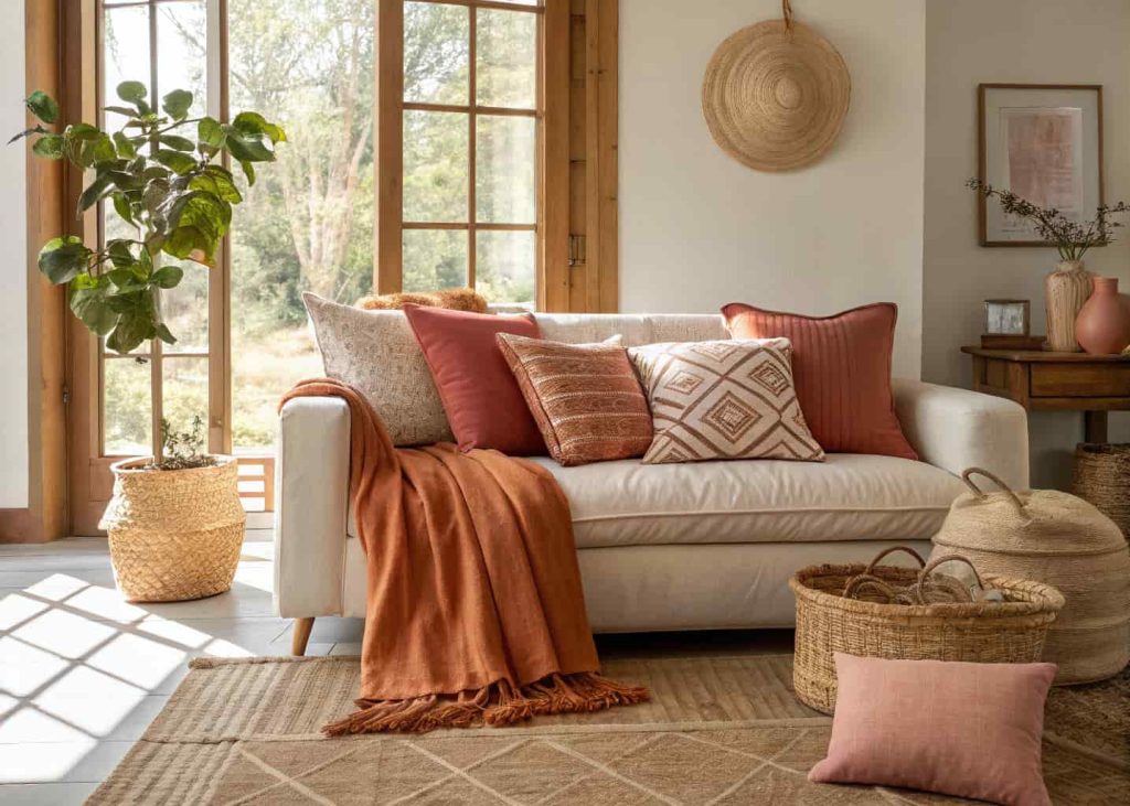 A cozy living room sofa styled with a mix of terracotta, clay orange, and dusty rose decorative pillows in linen and cotton textures, warm natural lighting, earthy tones, modern boho interior style, high-resolution lifestyle photography.