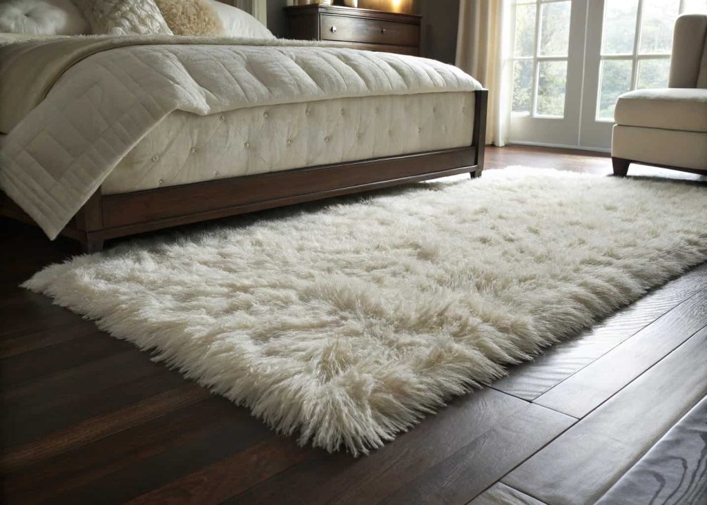 Close-up of a fluffy white shag rug with long soft fibers on a dark hardwood bedroom floor