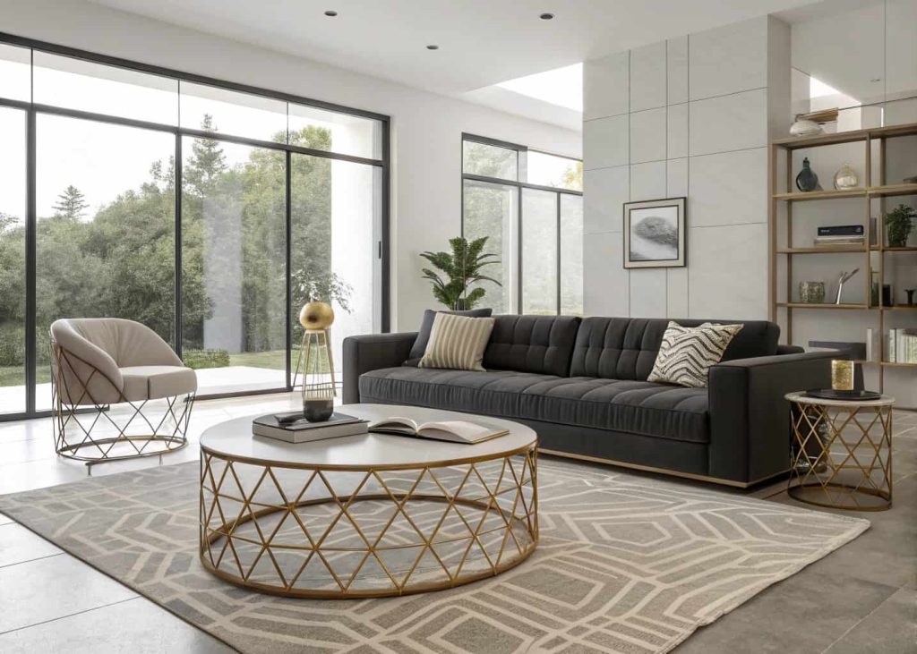 Modern living room with statement furniture, bold sofa, geometric coffee table, stylish interior"