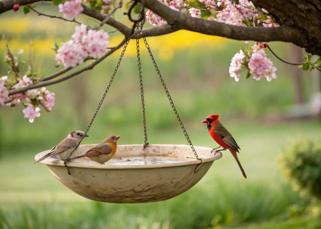A ceramic hanging bird bath swaying gently from a tree branch, birds perched around it, soft garden background.