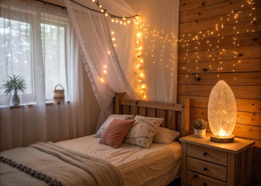 A cozy bedroom glowing with warm fairy lights strung along a wooden headboard, a lit bedside salt lamp, sheer curtains with soft light, warm amber glow, romantic and dreamy bedroom aesthetic.