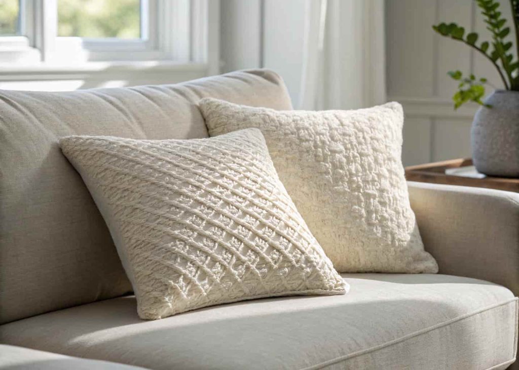 Close-up of cream and beige boucle textured decorative pillows on a light grey linen sofa, soft morning light, minimalist Scandinavian interior, cozy and luxurious feel, interior design photography, sharp details on fabric texture.