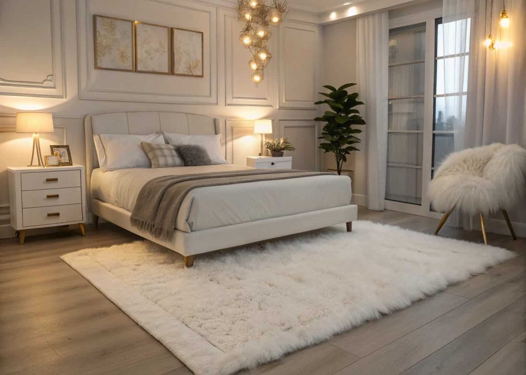 A white faux fur rug at the foot of a bed in a clean, cozy bedroom with soft lighting
