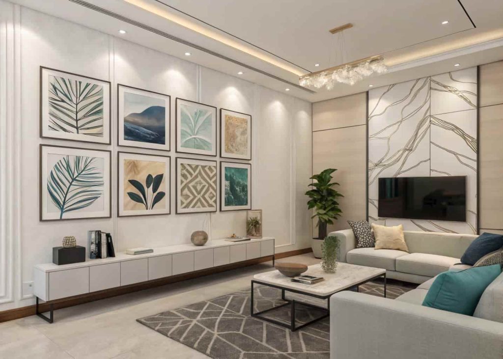 "Modern living room with abstract wall art, gallery wall, minimalist décor, contemporary interior"