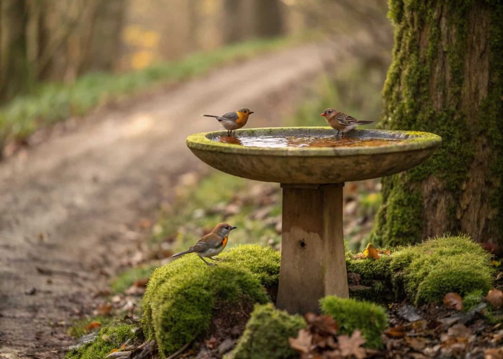 A rustic wooden bird bath on a forest-like garden path, small birds drinking, moss and leaves around.