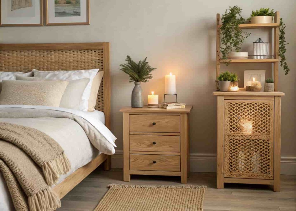 A cozy bedroom with light oak wooden furniture, rattan nightstand, wooden floating shelf with candles and small plants, soft linen bedding, warm neutral palette, hygge inspired interior design aesthetic.