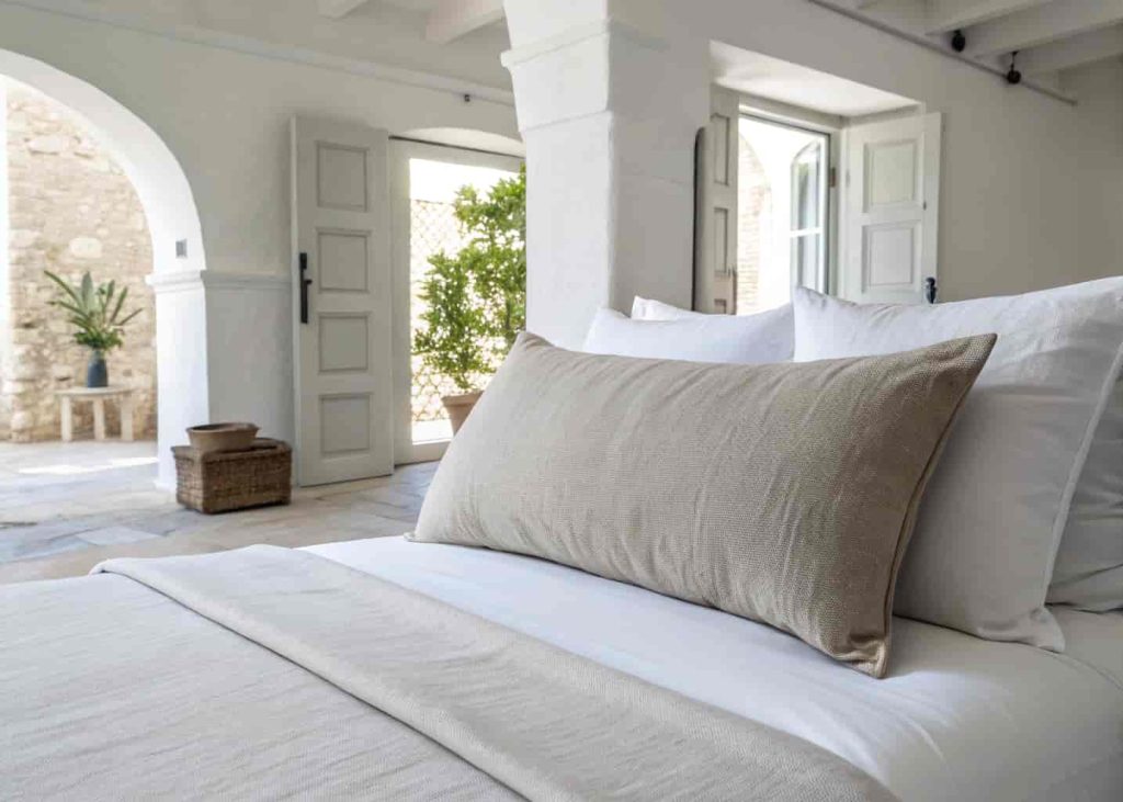 An oversized lumbar decorative pillow in washed natural linen placed on a simple white bed with minimal styling, clean and airy bedroom interior, soft diffused daylight, modern minimalist aesthetic, interior decor photography.