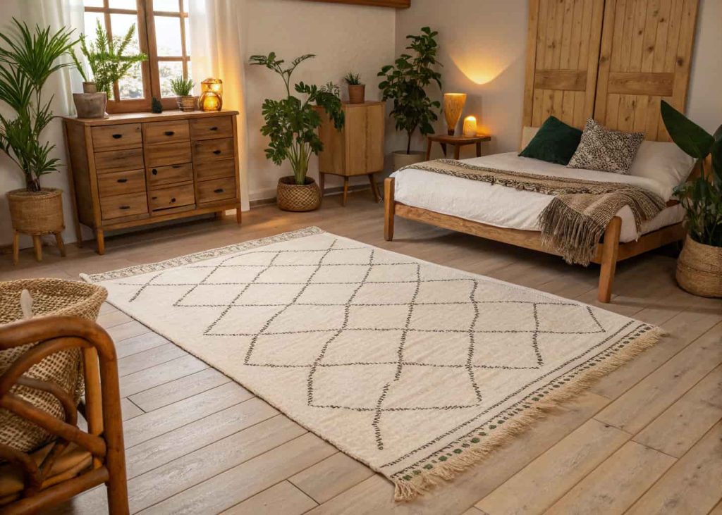 White Moroccan diamond pattern rug in a boho bedroom with warm lighting, wooden furniture, potted plants, flat-woven texture visible, cozy and stylish interior design