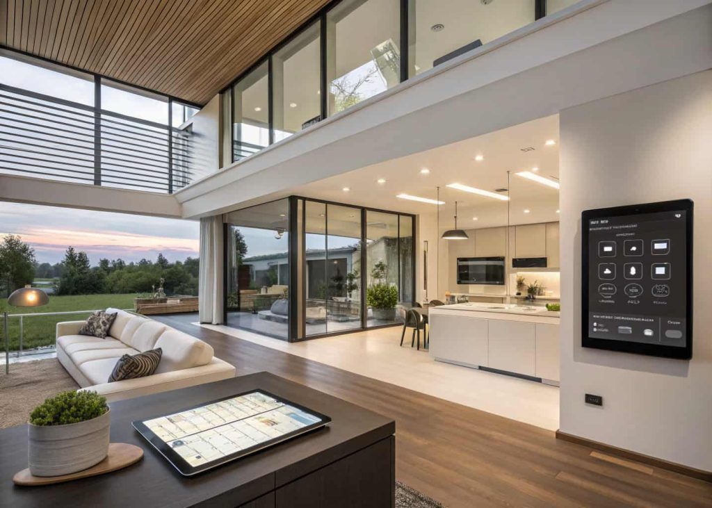Modern home with smart technology, smart lights, voice control, sleek and functional interior"