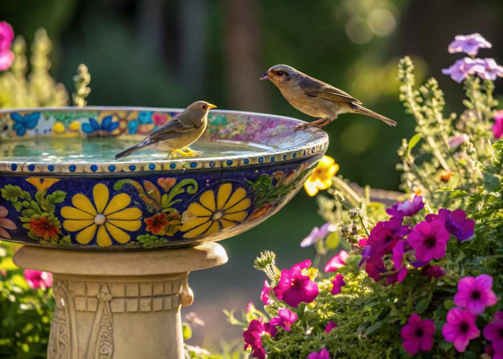 A colorful painted ceramic bird bath surrounded by flowers, bright morning sunlight, a few birds drinking.