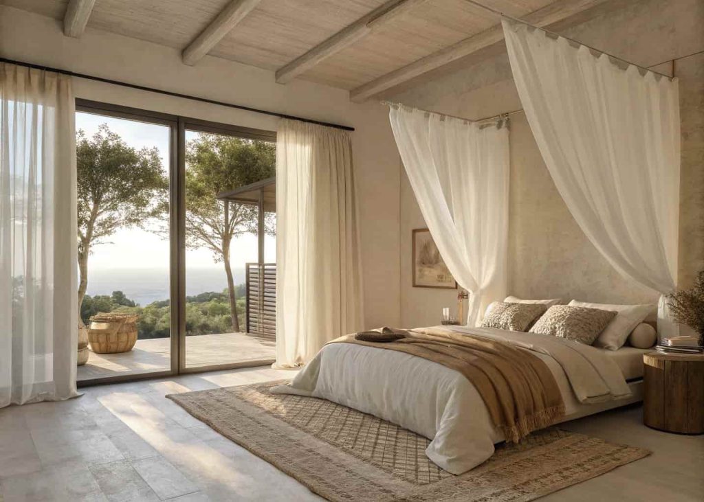 A dreamy cozy bedroom with floor-to-ceiling ivory linen curtains slightly pooling on the floor, soft filtered morning light, plush bed, warm neutral tones, airy and elegant bedroom interior photography.
