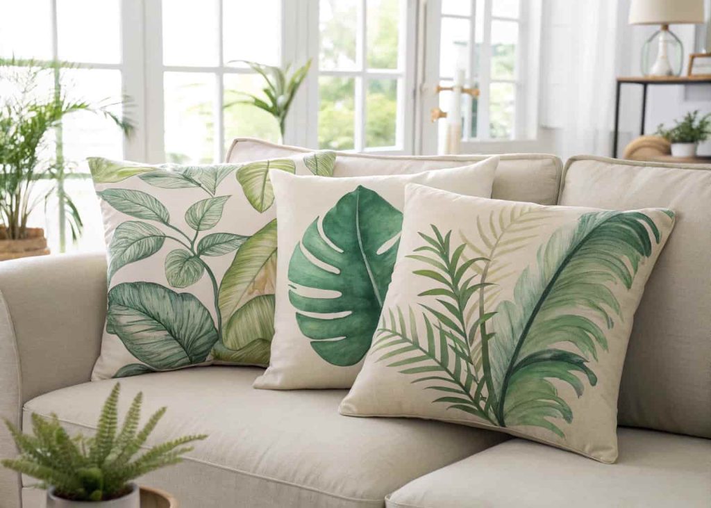 A collection of decorative throw pillows featuring large tropical leaf and watercolor botanical prints in green, cream, and soft earthy tones, arranged on a beige sofa, bright airy living room, lifestyle interior photography, lush and modern organic style.