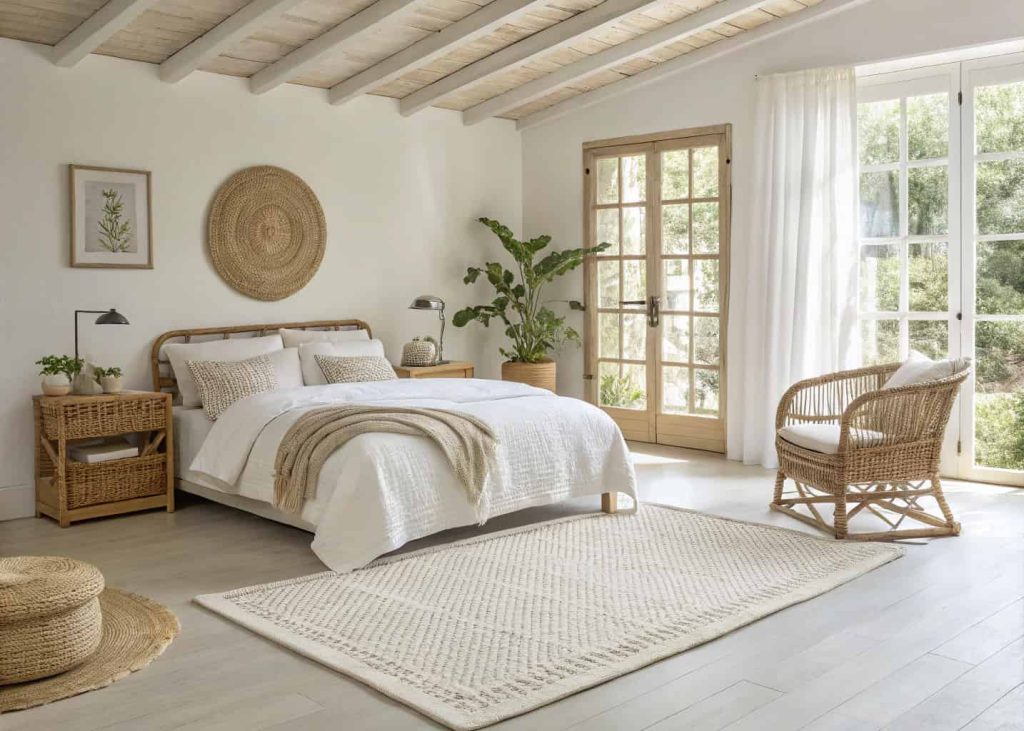 An ivory white cotton rug in a simple natural bedroom with linen bedding and rattan furniture