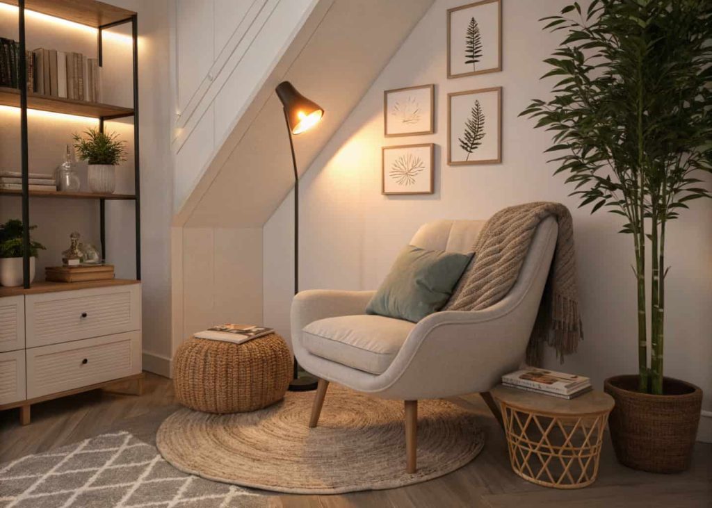 Modern cozy corner, comfortable chair, soft cushions, warm lighting, stylish and inviting nook"