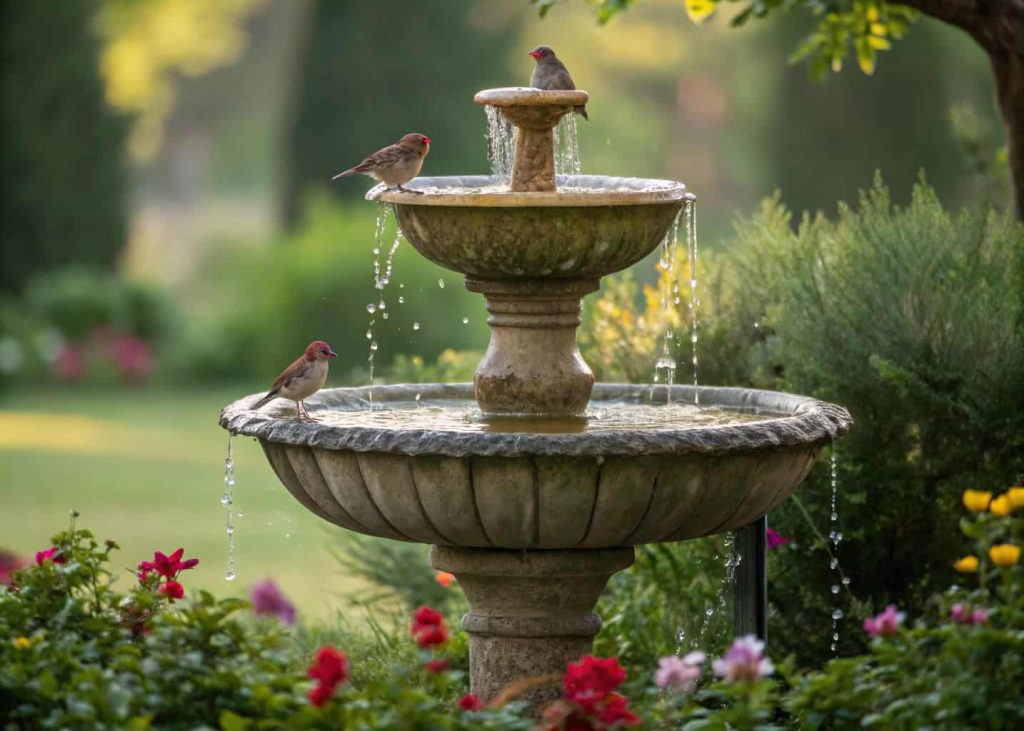 A tiered stone fountain bird bath with flowing water, small birds perched, surrounded by greenery and flowers.
