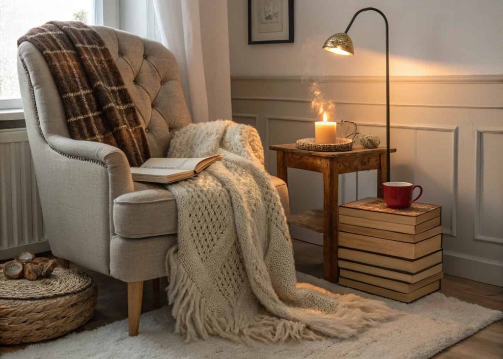 A cozy reading nook inside a bedroom, a plush armchair with a chunky knit throw, small wooden side table with a candle and mug, warm floor lamp, stack of books, sheepskin rug, soft warm light, hygge interior.