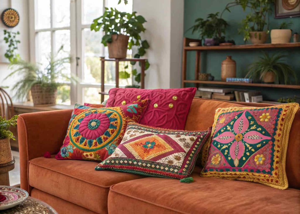 Colorful hand-quilted kantha-inspired decorative pillows with traditional geometric and floral patterns in jewel tones, arranged on a rust-colored velvet sofa, warm bohemian living room setting, artisan textile detail, vibrant yet cozy interior photography.