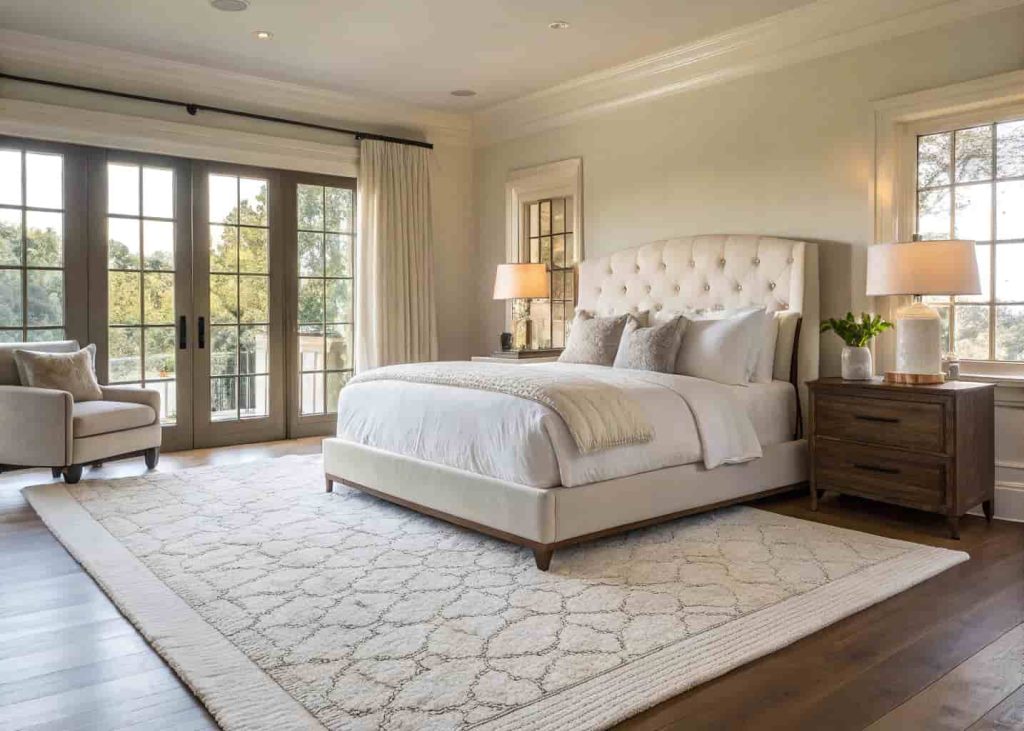 A large white wool rug under a king-size bed in a bright, elegant master bedroom