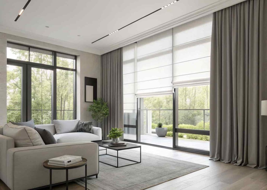 Modern living room with floor-to-ceiling curtains, roller shades, natural light, minimalist interior"
