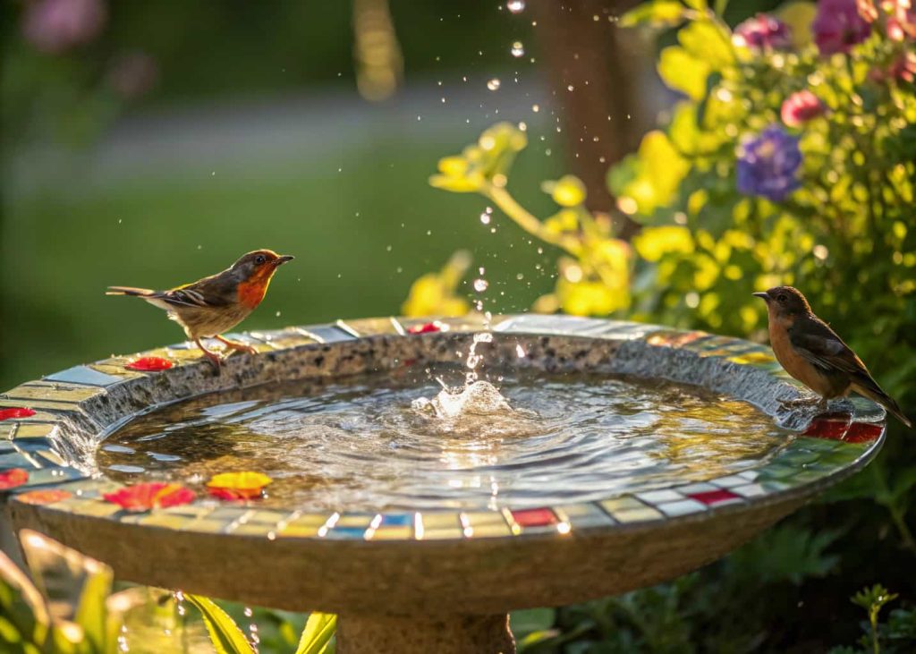 A colorful glass mosaic bird bath in a sunlit garden corner, reflections of sunlight on water, small birds splashing.