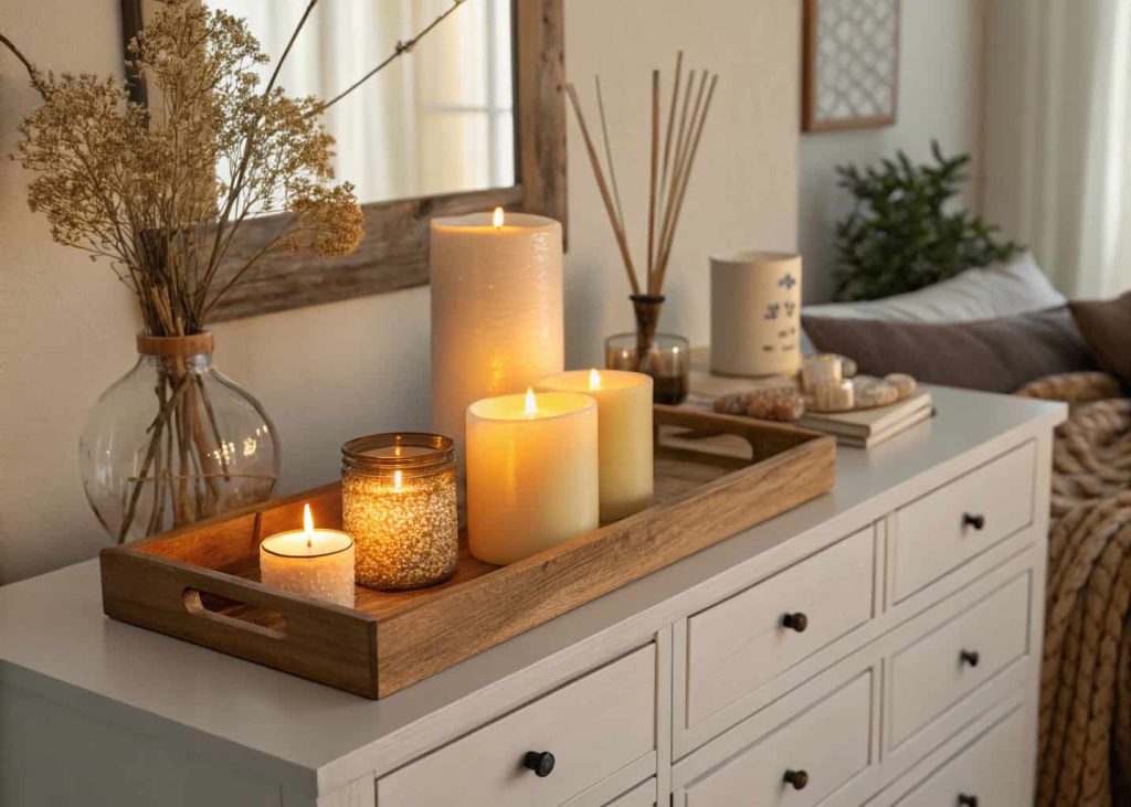A cozy bedroom dresser styled with clustered candles of different heights, soft candlelight glow, neutral aesthetic, wooden tray, small dried flower arrangement, warm amber lighting, lifestyle interior photography.
