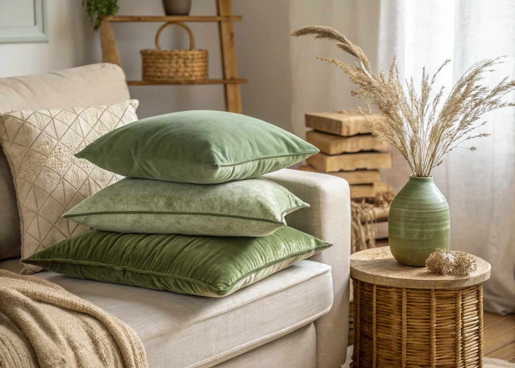 Sage green and muted olive decorative pillows in velvet and linen textures layered on a beige sofa, natural wood and rattan accents nearby, soft warm interior lighting, modern organic home decor, lifestyle photography with shallow depth of field.