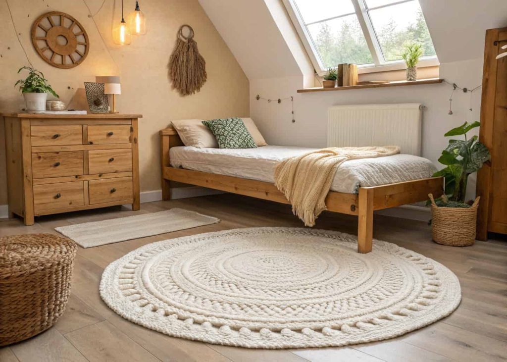 A white braided round rug beside a wooden bed in a cozy, warmly lit small bedroom