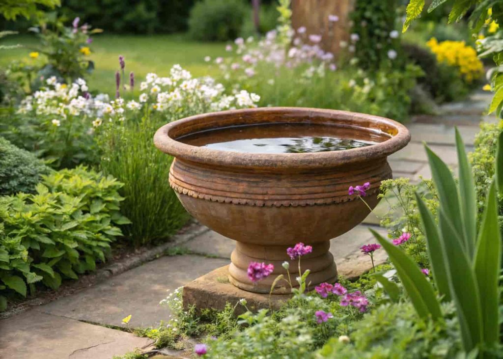 Clay planter filled with water, placed on a low stand in a flower garden.