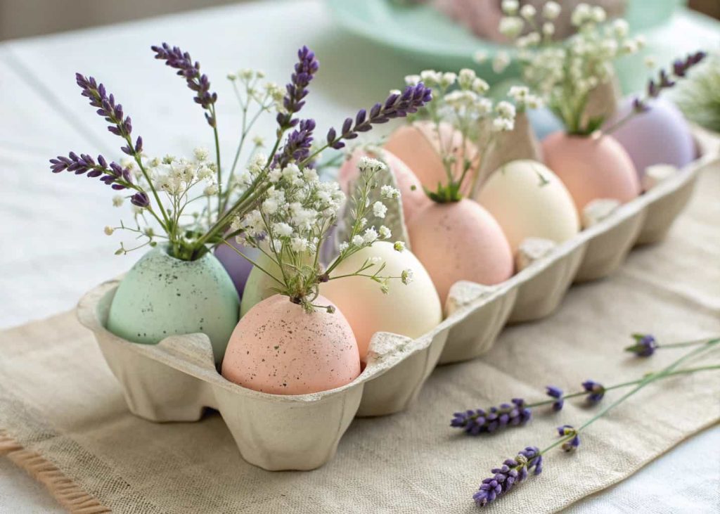 Pastel painted eggshells used as tiny flower vases filled with baby's breath and lavender sprigs, arranged in a vintage egg carton on a linen tablecloth, closeup, Easter brunch styling