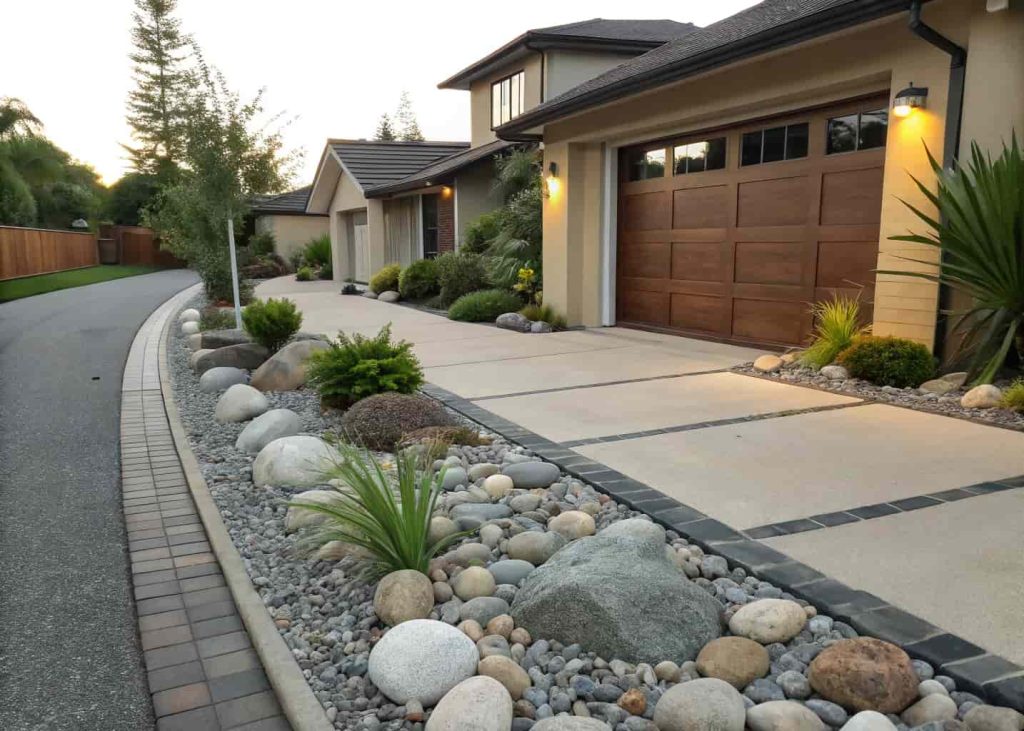 A home driveway bordered on both sides with smooth large river rocks and small pebbles, green plants in the background, nice curb appeal, suburban setting, realistic daytime photo