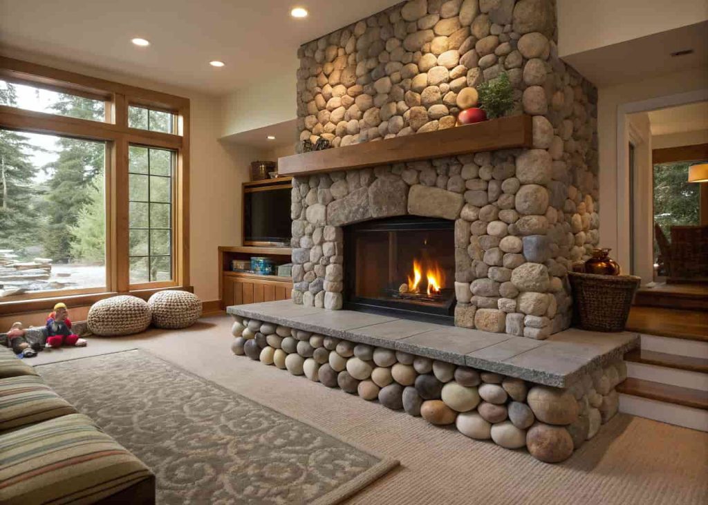 River rock fireplace with a raised stone hearth built from matching river rocks, warm fire inside, and floor cushions arranged beside the elevated seating platform