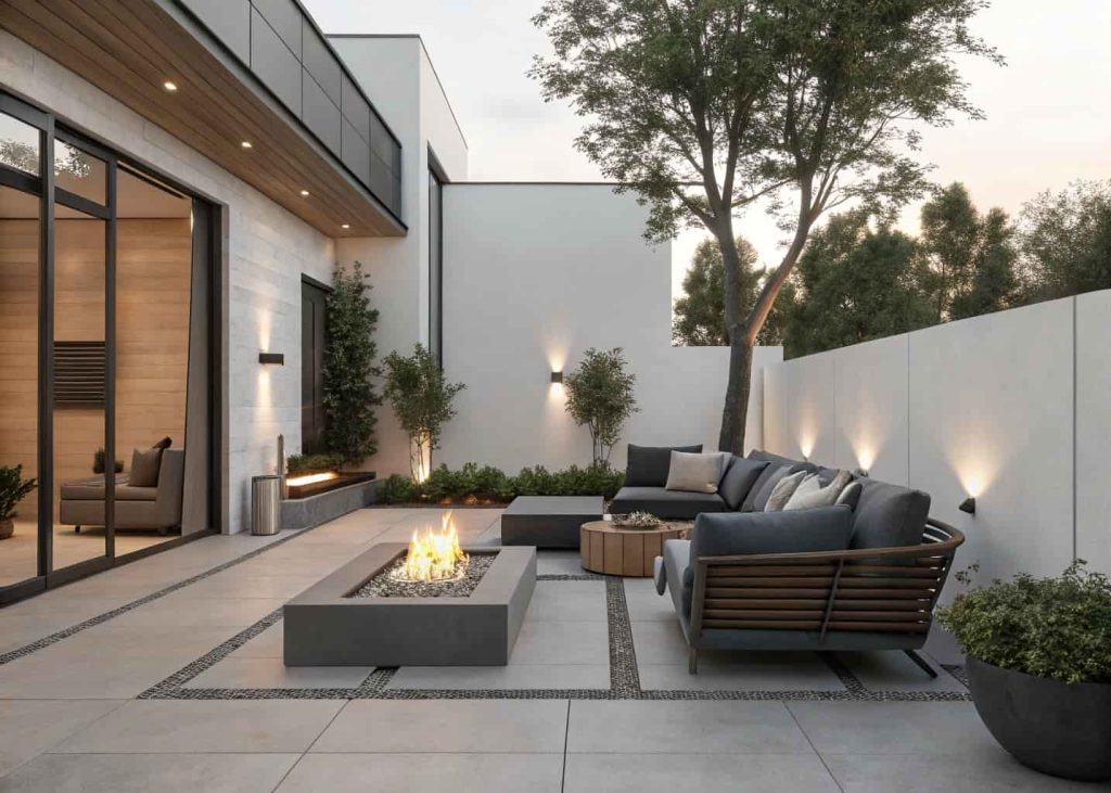 Modern outdoor patio, sleek furniture, minimal landscaping, fire pit, stylish outdoor space"