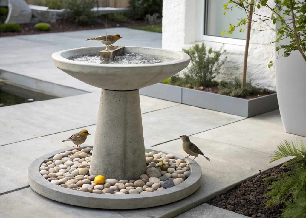 A minimalist concrete bird bath on a modern patio, small birds drinking, decorative stones and plants around.