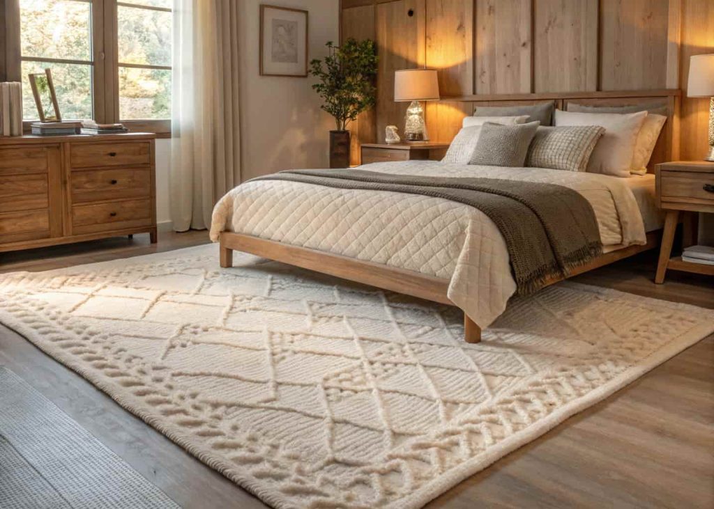 A cozy bedroom with a large ivory wool rug extending from under the bed, soft morning light on textured rug fibers, neutral bedding, wooden furniture, warm and inviting bedroom interior design photography.