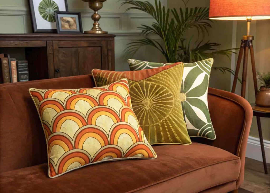 Retro 70s-inspired decorative pillows with bold geometric sunburst and arch patterns in mustard yellow, burnt orange, and avocado green, arranged on a brown velvet sofa, vintage-modern interior with warm lighting, editorial interior photography style.