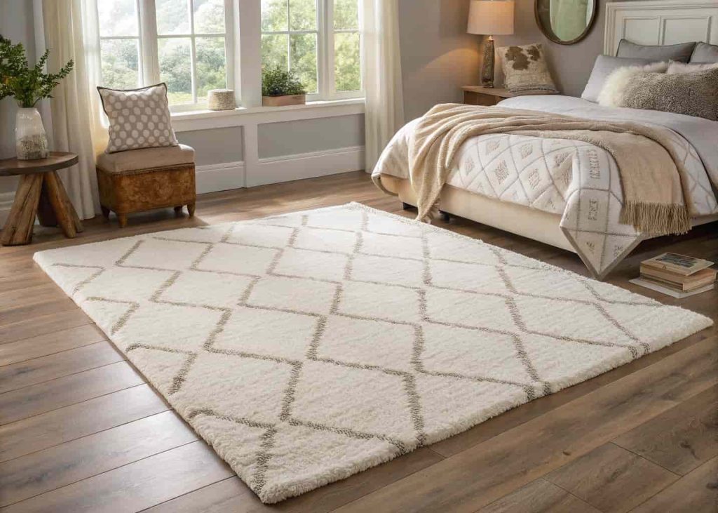 A white tufted rug with a subtle geometric pattern in a softly lit neutral bedroom