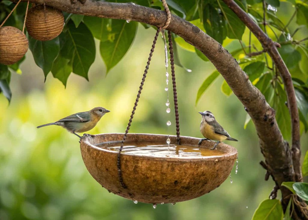 Two coconut shell bird baths hanging from a tree branch, small birds perched, green leaves in background.