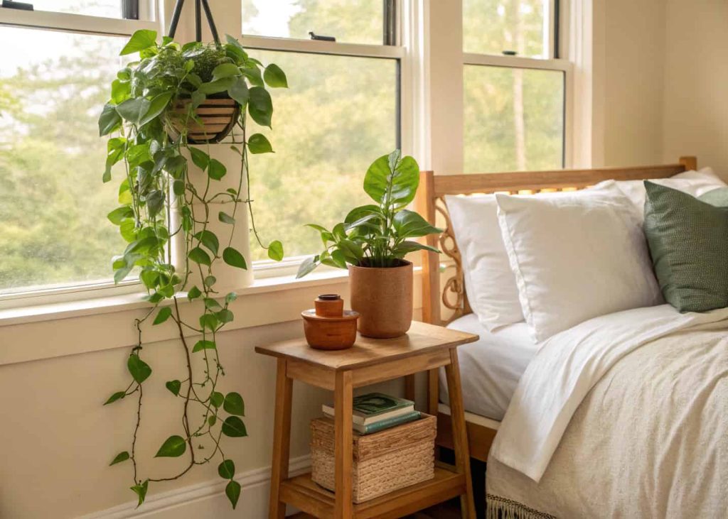 A cozy bedroom with soft natural light, trailing pothos plant on a wooden shelf, small terracotta pot on a nightstand, lush greenery, warm neutral bedroom palette, botanical interior lifestyle photography.