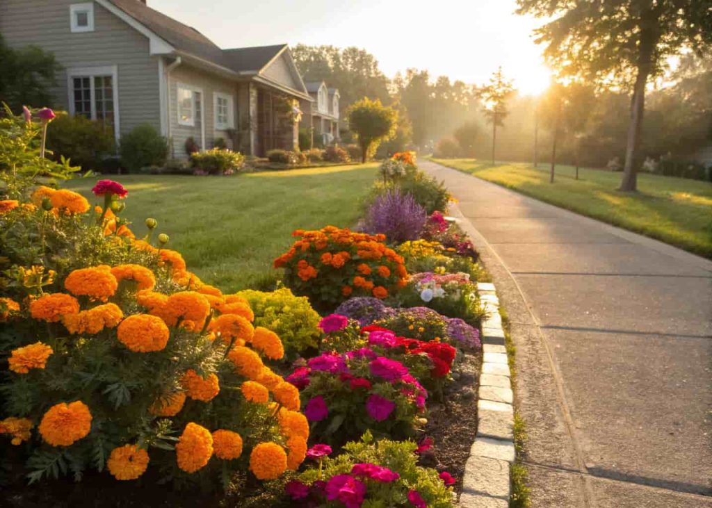 A sunny front yard pathway lined with colorful marigolds and petunias in full bloom, soft morning light, suburban home in background, warm and inviting atmosphere, realistic garden photography style.