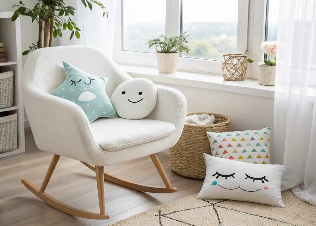 A cute smiley face and cloud-shaped novelty decorative pillows on a minimalist white reading chair in a bright modern apartment, playful and cheerful interior styling, soft natural light, lifestyle photography with a fun and contemporary aesthetic.