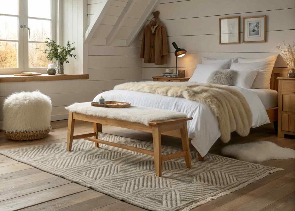 A white sheepskin rug draped over a bench in a cozy minimalist Scandinavian-style bedroom