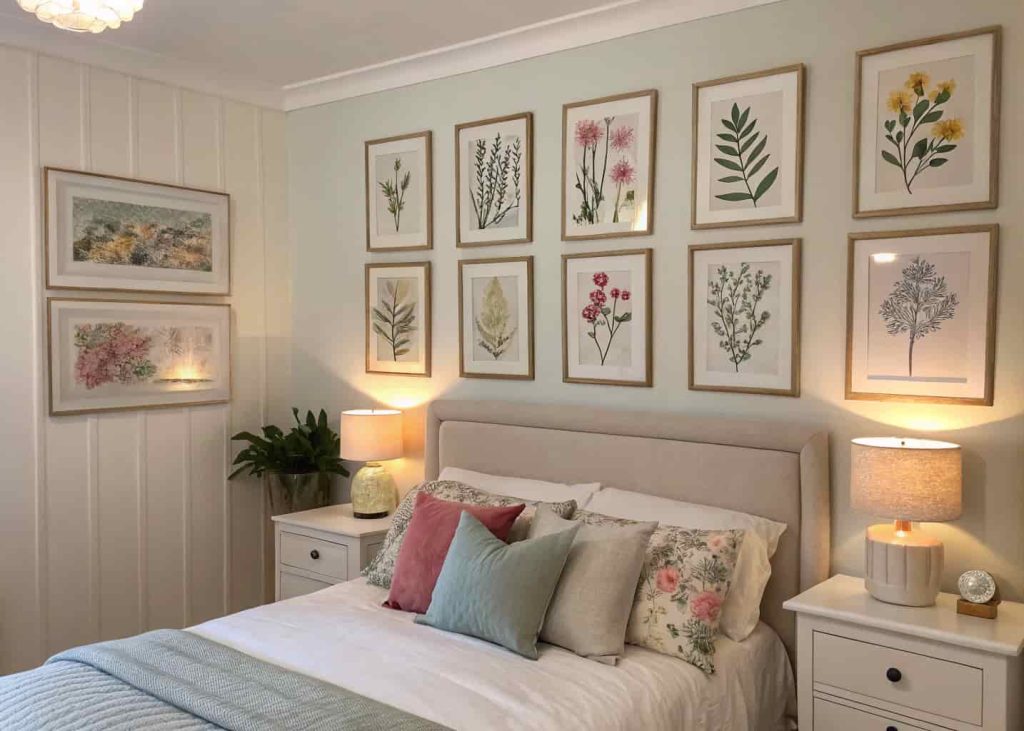 A cozy bedroom with a soft gallery wall above the bed, watercolor botanical prints, abstract muted art, white frames, soft linen headboard, warm ambient lighting, aesthetic bedroom interior photography.