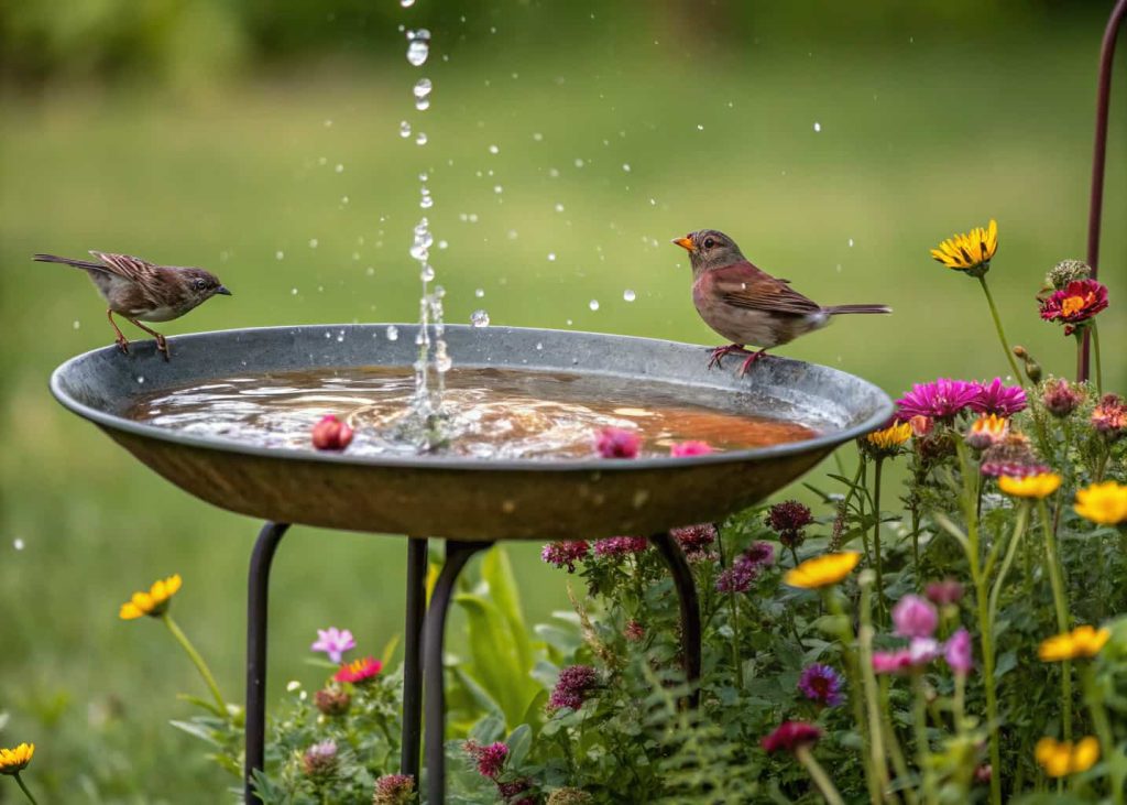 A recycled metal tray bird bath on a garden stand, surrounded by small flowers, birds splashing in water.