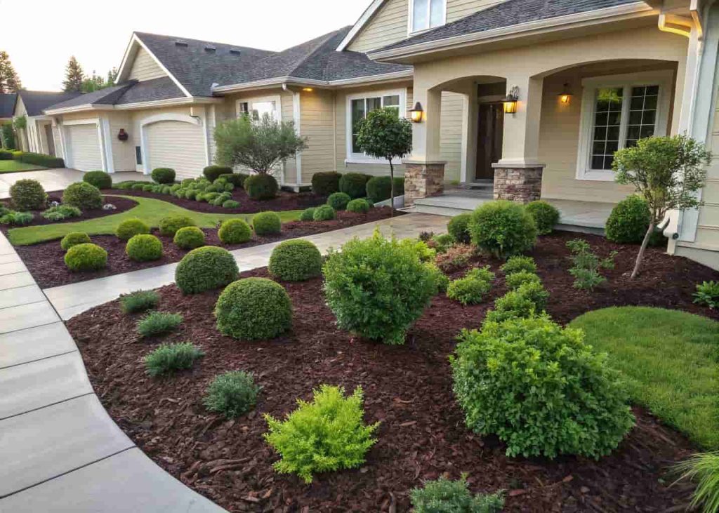 Neatly defined front yard garden beds covered in dark wood chip mulch, green shrubs and small plants arranged beautifully, clean suburban house front, natural daylight, overhead and ground-level perspective, realistic photography.