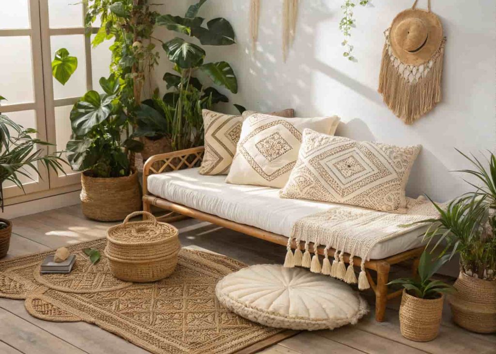 Cream and natural-tan handwoven macrame decorative pillows with fringe and tassel details on a rattan daybed, bright boho-chic room with plants and woven baskets, warm natural light, artisan home decor lifestyle photography.